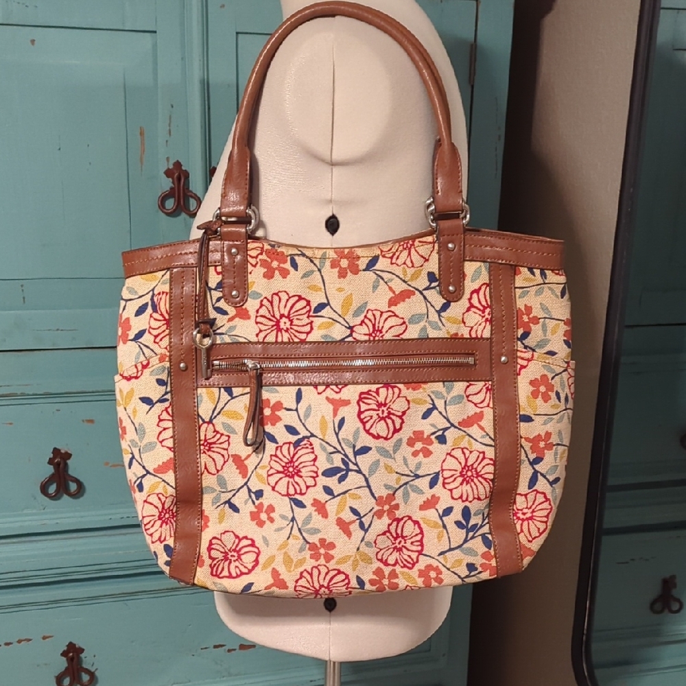 Fossil Floral Canvas Tote with Brown Trim